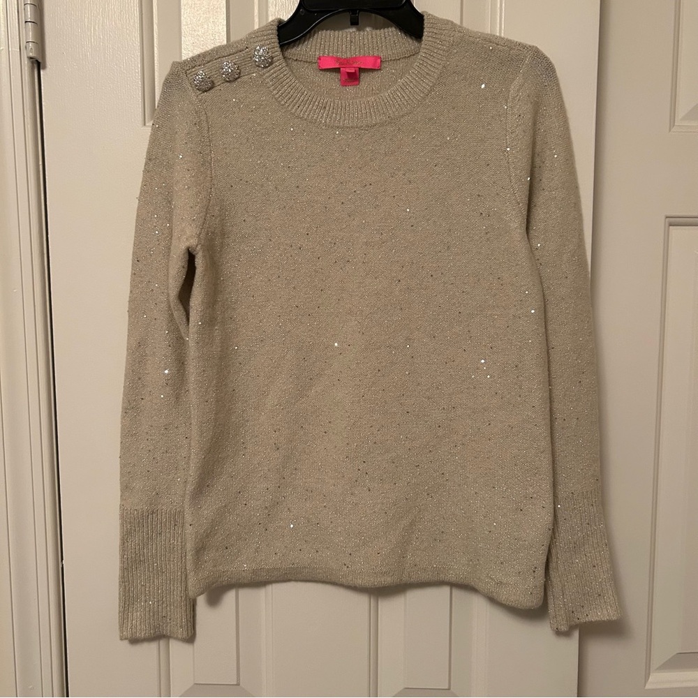 Lilly Pulitzer Coconut Metallic Morgen Sequin Sweater Jeweled Buttons Size Small